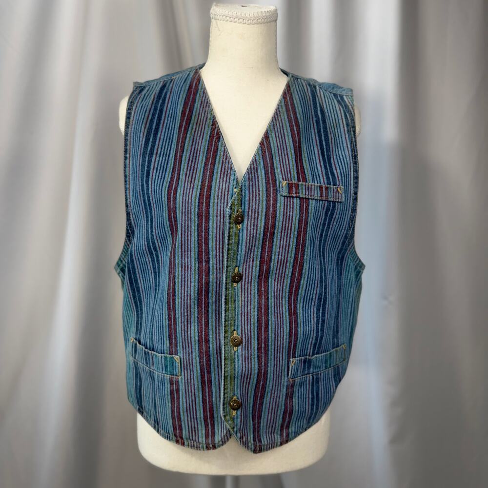 90s Multicolor Stripe Vest Small Denim Boho Indie Button Hippie Western Festival - Picture 13 of 16